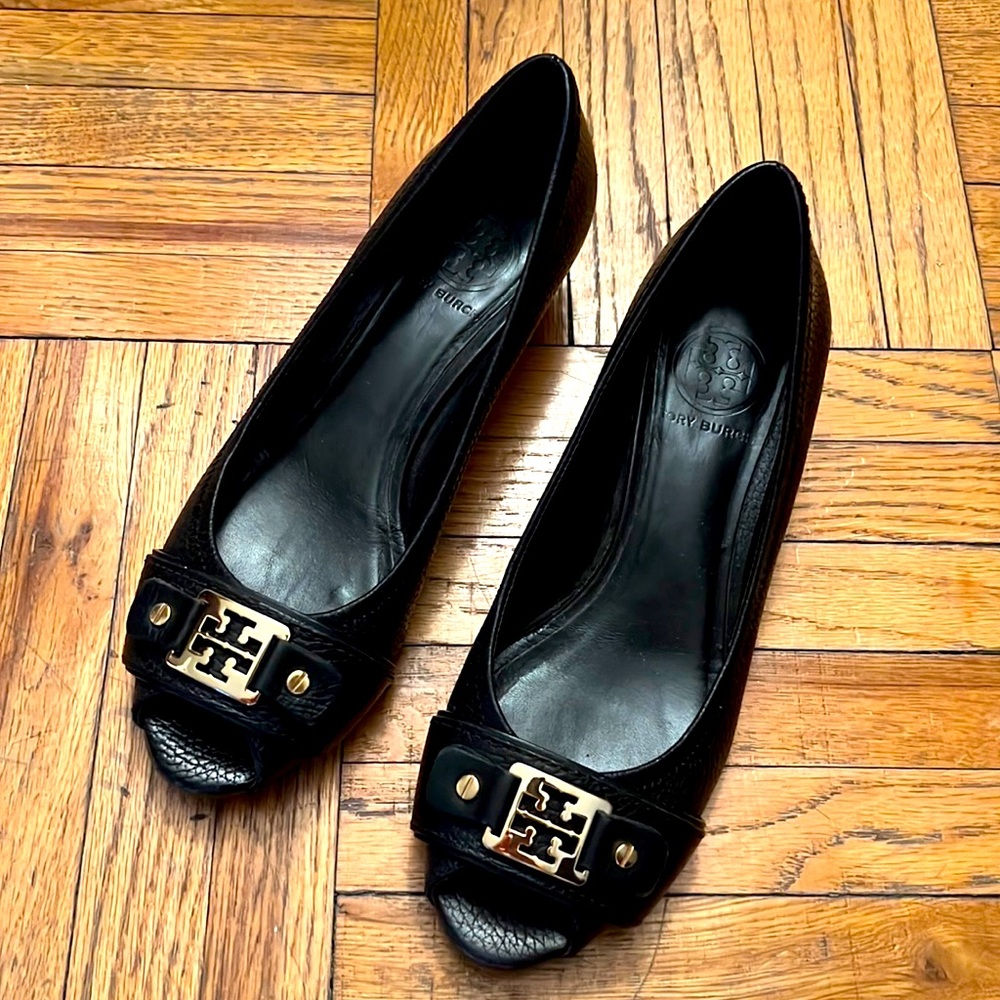 Tory Burch Emma peep-toe “mini” wedge tumbled/veg leather